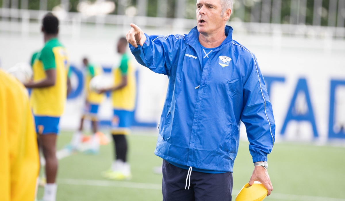 Rwanda national team coach, Torsten Frank Spittler instructing during the Amavubi training at Pele stadium on November 9. Craish Bahizi