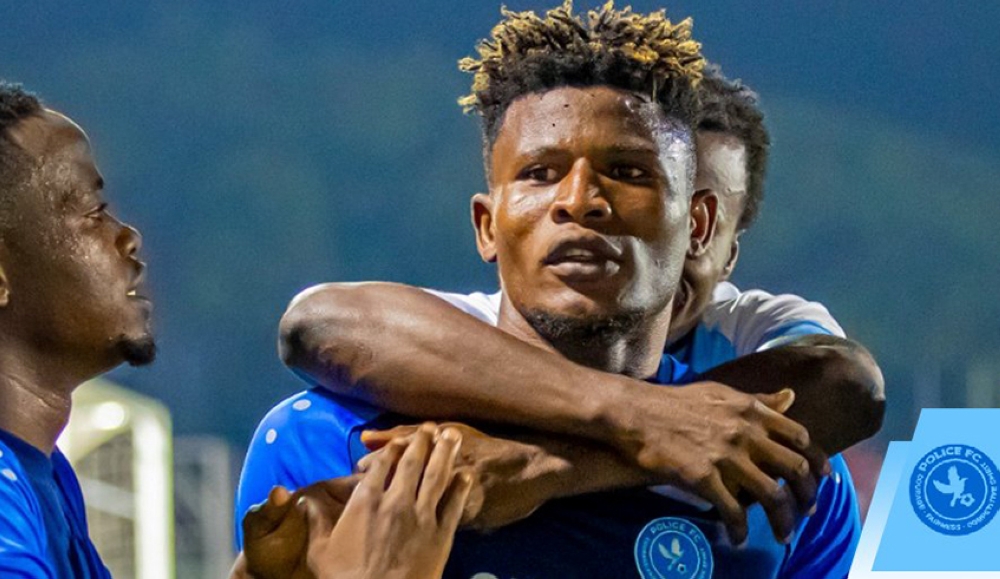 Police FC striker Peter Agblevor with his teammates celebrate the goal that helped Police FC to eliminate Rayon Sports out of the Heroes Cup semi finals. Courtesy