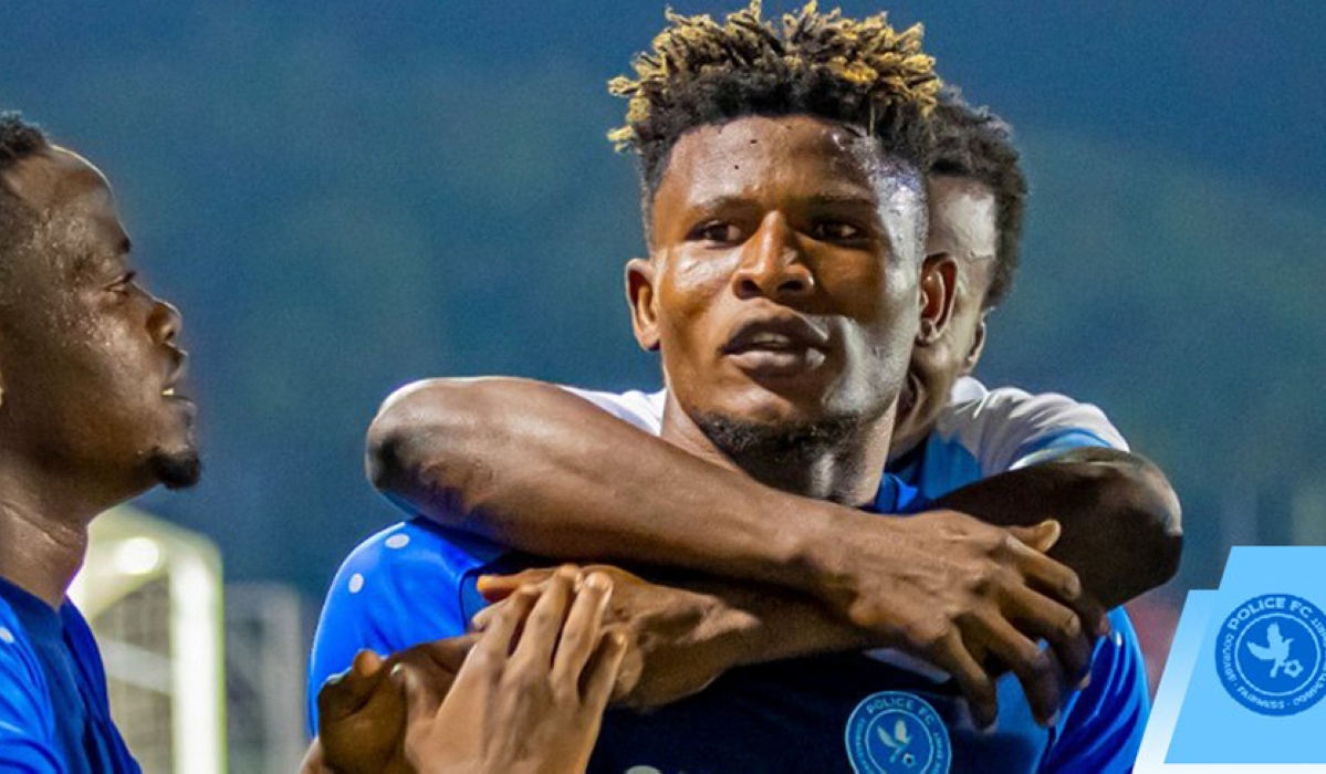 Police FC striker Peter Agblevor with his teammates celebrate the goal that helped Police FC to eliminate Rayon Sports out of the Heroes Cup semi finals. Courtesy