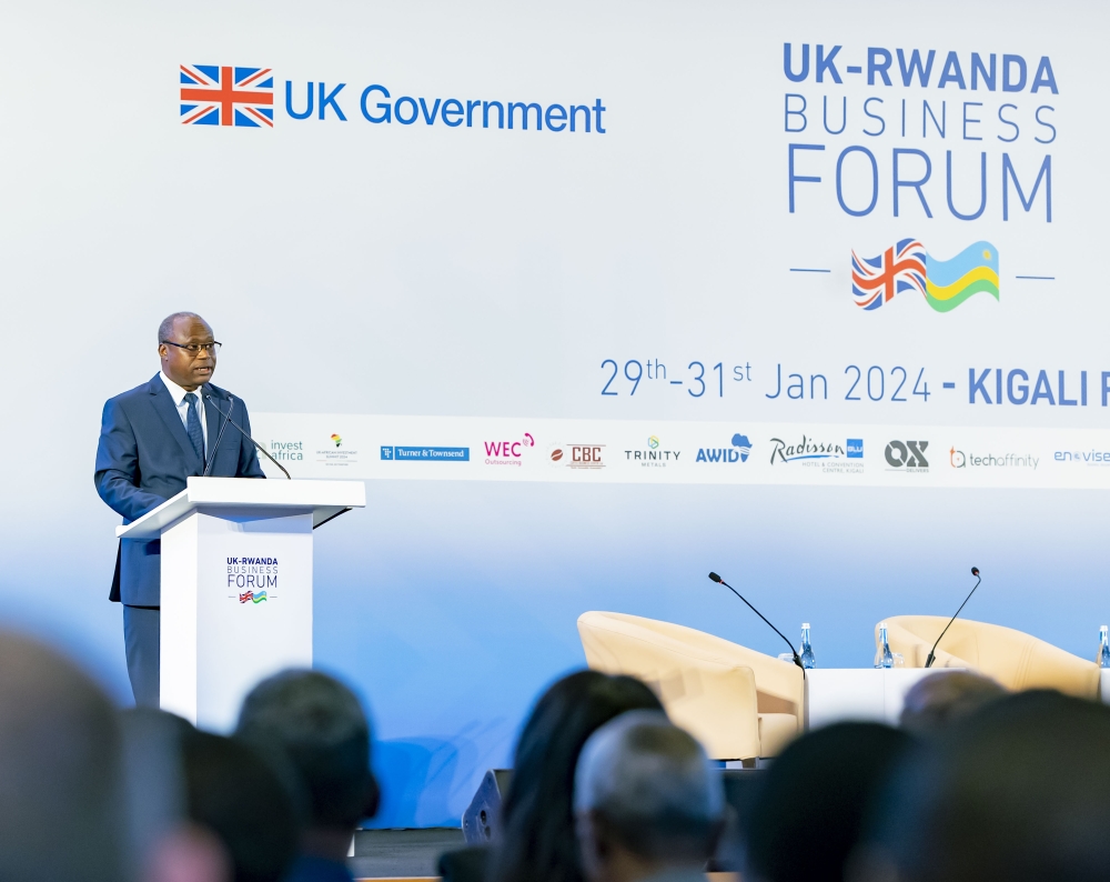 Minister of Finance Uzziel Ndagijimana delivers remarks at the inaugural UK-Rwanda Business Forum themed “Succeeding in Rwanda Unlocking Growth and Opportunities”  on January 30.