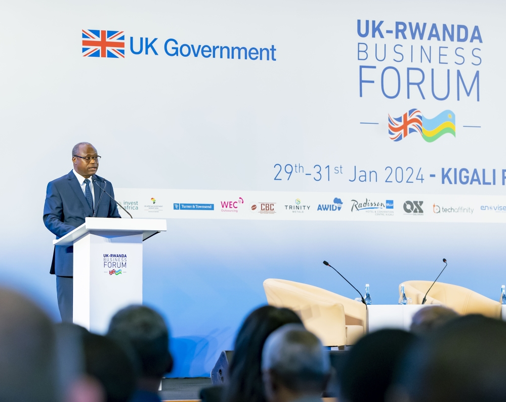 Minister of Finance Uzziel Ndagijimana delivers remarks at the inaugural UK-Rwanda Business Forum themed Succeeding in Rwanda Unlocking Growth and Opportunities on January 30.