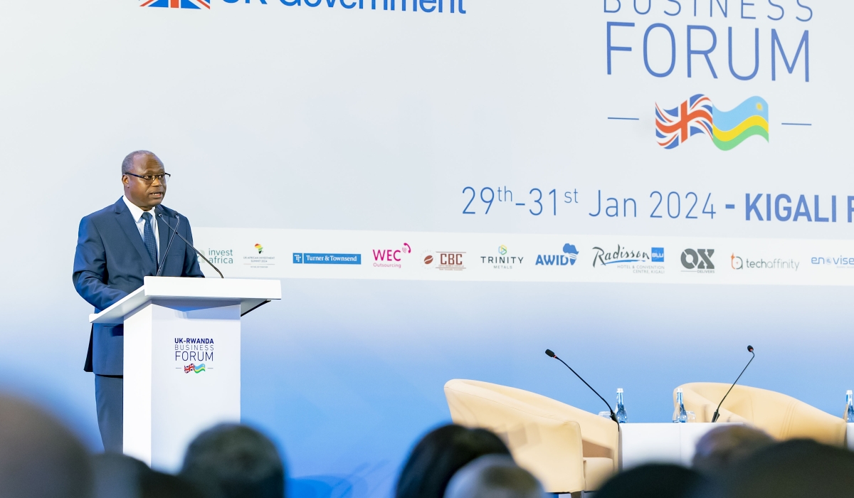 Minister of Finance Uzziel Ndagijimana delivers remarks at the inaugural UK-Rwanda Business Forum themed “Succeeding in Rwanda Unlocking Growth and Opportunities”  on January 30.