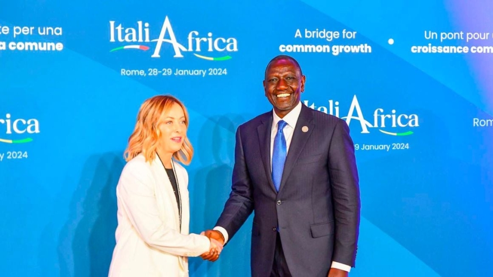 Italy&#039;s Prime Minister Giorgia Meloni (L) welcomes Kenya’s President William Ruto as he arrives for the Italy-Africa international conference at the Italian Senate in Rome, Italy on January 29, 2024. PHOTO _ AFP