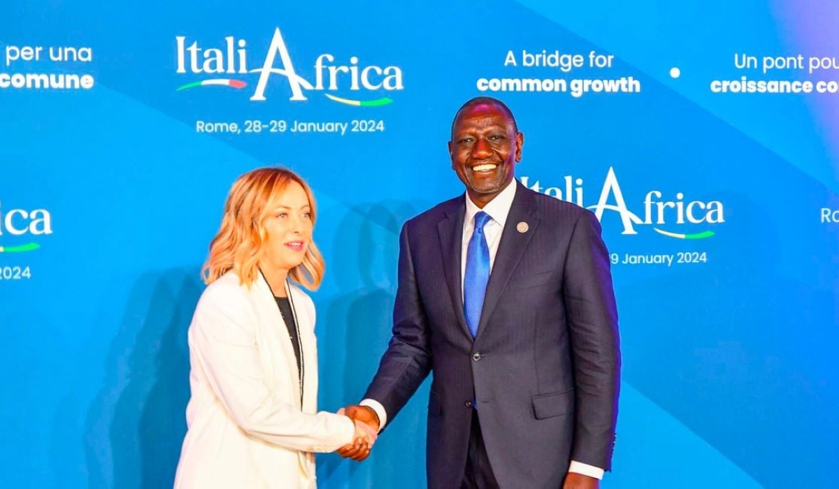 Italy&#039;s Prime Minister Giorgia Meloni (L) welcomes Kenya’s President William Ruto as he arrives for the Italy-Africa international conference at the Italian Senate in Rome, Italy on January 29, 2024. PHOTO _ AFP