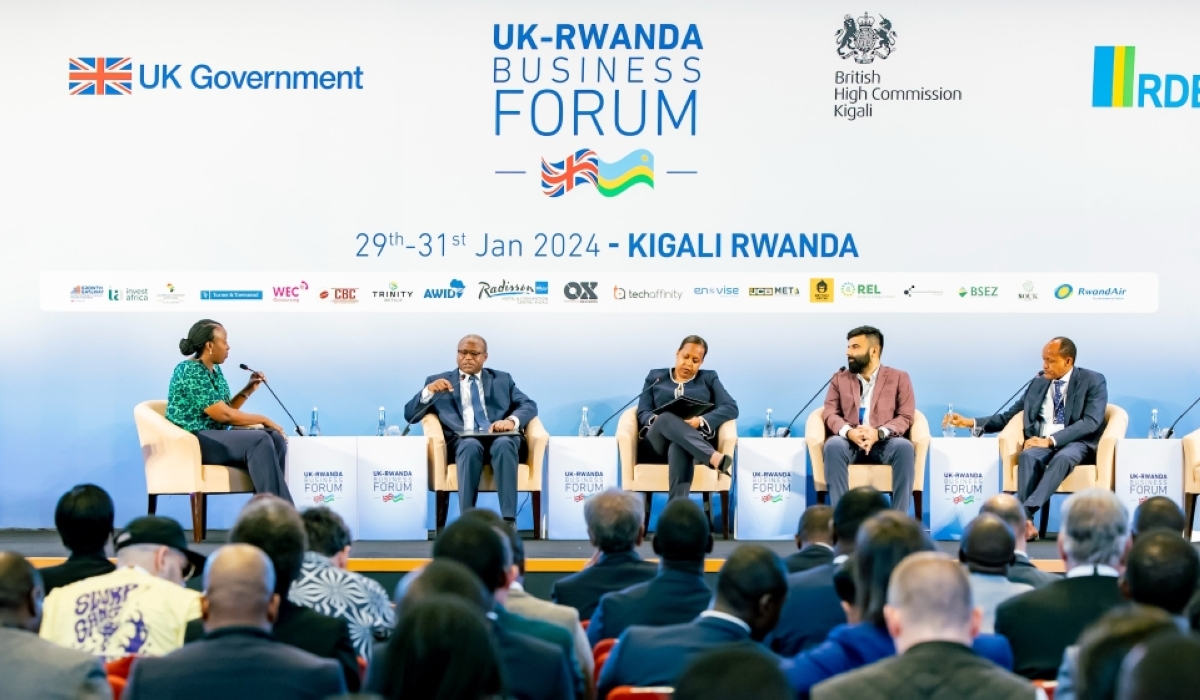 Panelists discuss at the at the inaugural UK-Rwanda Business Forum in Kigali on January 30. Courtesy
