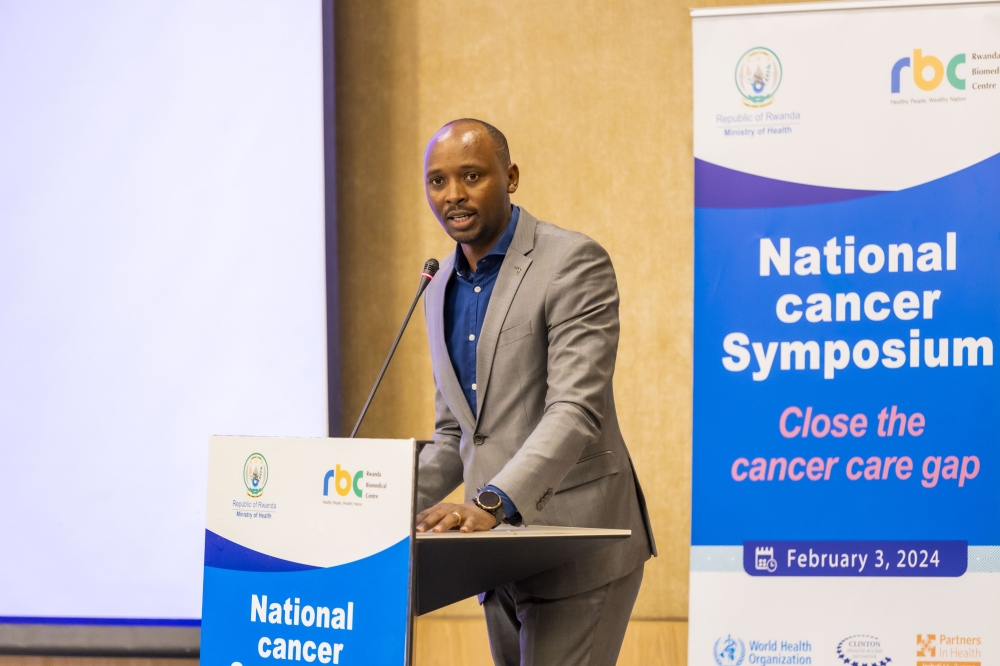 Dr Sabin Nsanzimana, the Minister of Health delivers remarks during national cancer symposium on February 3, in Kigali ahead of  World Cancer Day that is observed on February 4. Courtesy
