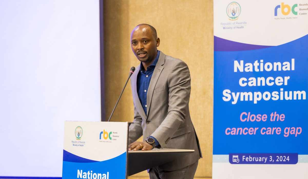 Dr Sabin Nsanzimana, the Minister of Health delivers remarks during national cancer symposium on February 3, in Kigali ahead of  World Cancer Day that is observed on February 4. Courtesy