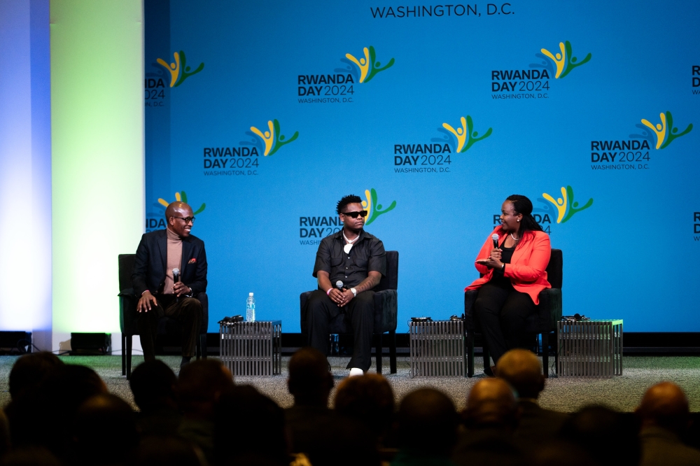 Eugene Ubalijoro, Regional Vice President at Molson Coors, singer Bruce Melodie and Clare Akamanzi, NBA Africa CEO during a panel discussion on February 3. Courtesy