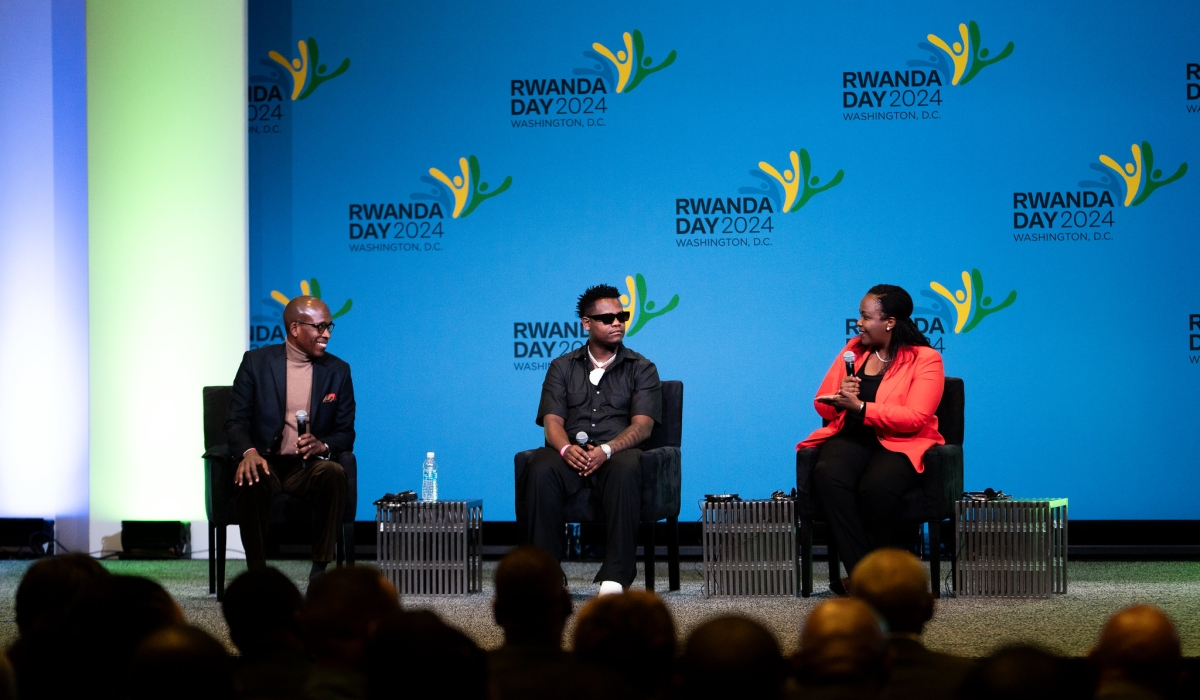 Eugene Ubalijoro, Regional Vice President at Molson Coors, singer Bruce Melodie and Clare Akamanzi, NBA Africa CEO during a panel discussion on February 3. Courtesy