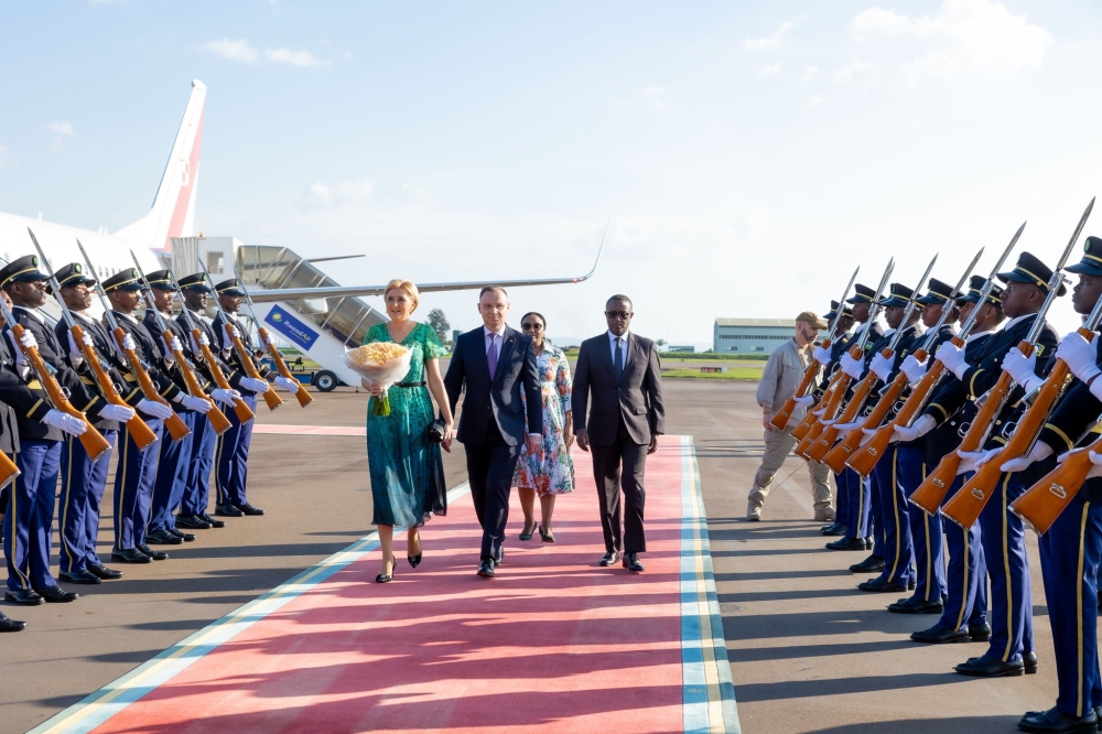 Polish President Andrzej Duda and his wife Agata Kornhauser-Duda arrive at Kigali International Airport , on February 6. Courtesy