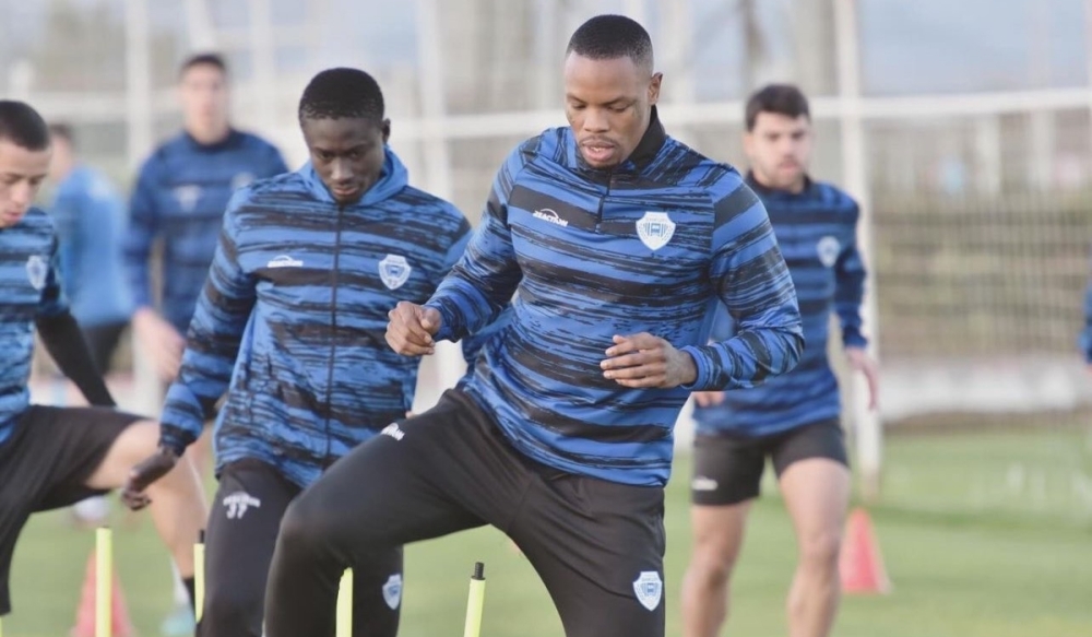 Rayon Sports captain Abdul Rwatubyaye during a training session in FC Shkupi. The Blues officials confirmed that the key player is still Rayon Sports player.Courtesy