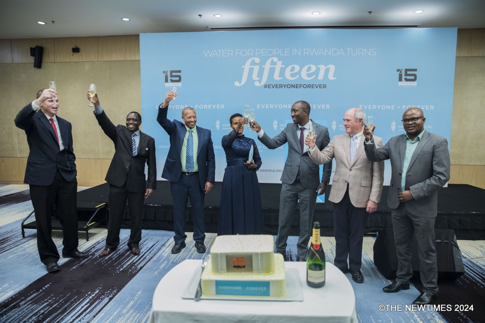 Officials toast during the 15-year anniversary celebrations at Kigali Marriott Hotel on February 5. All photos by Craish Bahizi