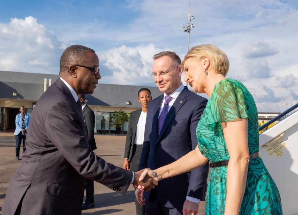 President Duda being welcomed at Kigali International Airport on Tuesday by Foreign Affairs Minister Vincent Biruta. The Polish President and his wife will visit the Holy land of Kibeho on Thursday.  Courtesy