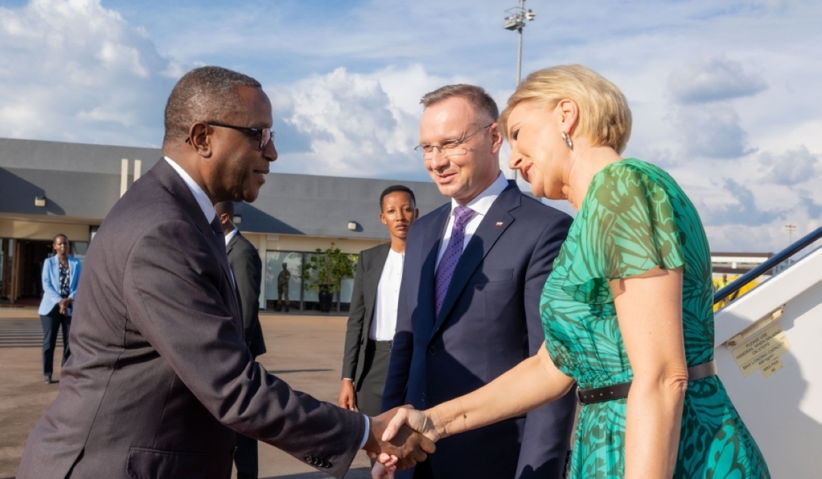 President Duda being welcomed at Kigali International Airport on Tuesday by Foreign Affairs Minister Vincent Biruta. The Polish President and his wife will visit the Holy land of Kibeho on Thursday.  Courtesy