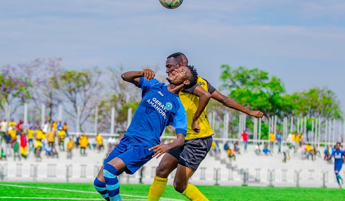 Police FC Nigerian midfielder Djibrine Akuki Abubakar (in Blue jersey) battles for the ball against Mukura&#039;s player. Akuki is sure his country will defeat South Africa in the AFCON 2023 semi finals. Courtesy