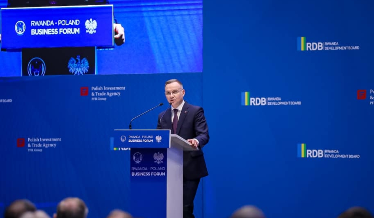 President Andrzej Duda addresses delegates at Rwanda-Poland Business Forum in Kigali on February 7. Photo by Dan Gatsinzi