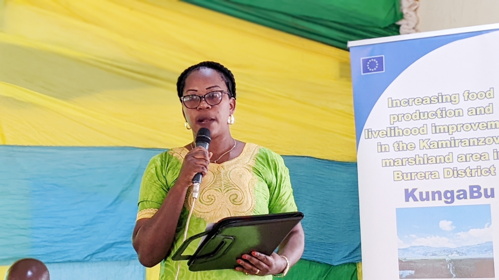 Soline Mukamana Mayor of Burera district speaking to Butaro residents on stunting and improvement of livelihoods. Photo By Germain Nsanzimana