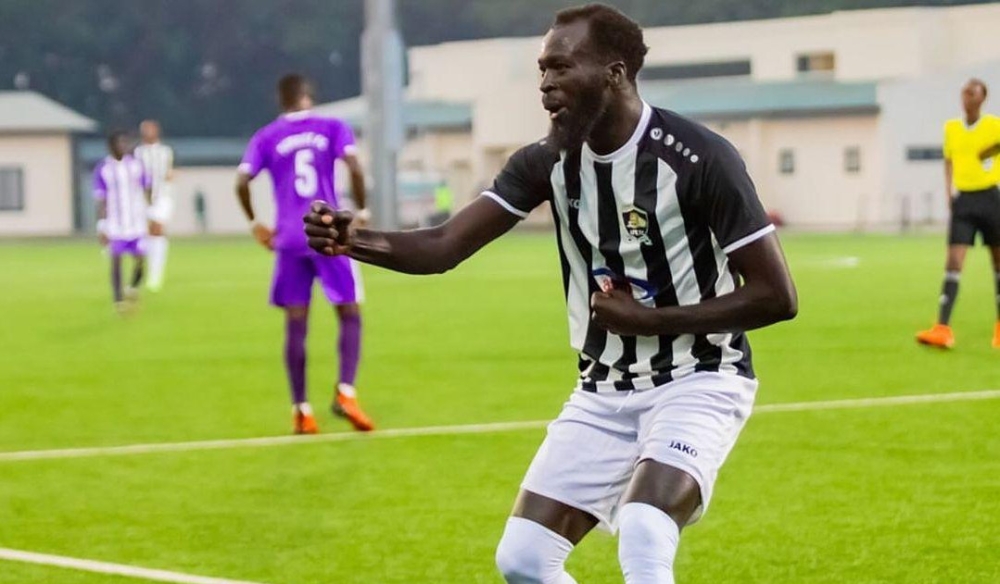 Sharaf Shaiboub celebrates the only goal of the game as APR beat Sunrise 1-0 at KigalI Pele Stadium on Saturday, February to extend their unbeaten run to 20 games-Courtesy