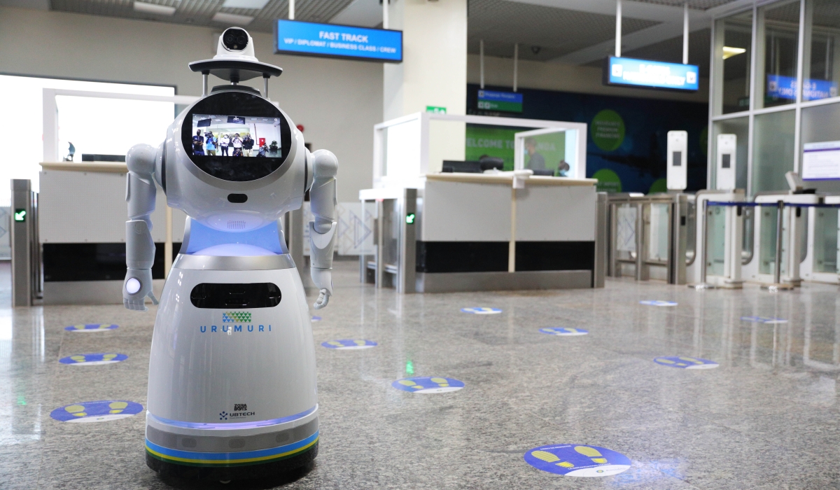 One of robots dubbed &#039;Urumuri&#039;, that was deployed to Kigali International Airport to conduct mass screening of temperature during the Covid-19 period (Sam Ngendahimana)