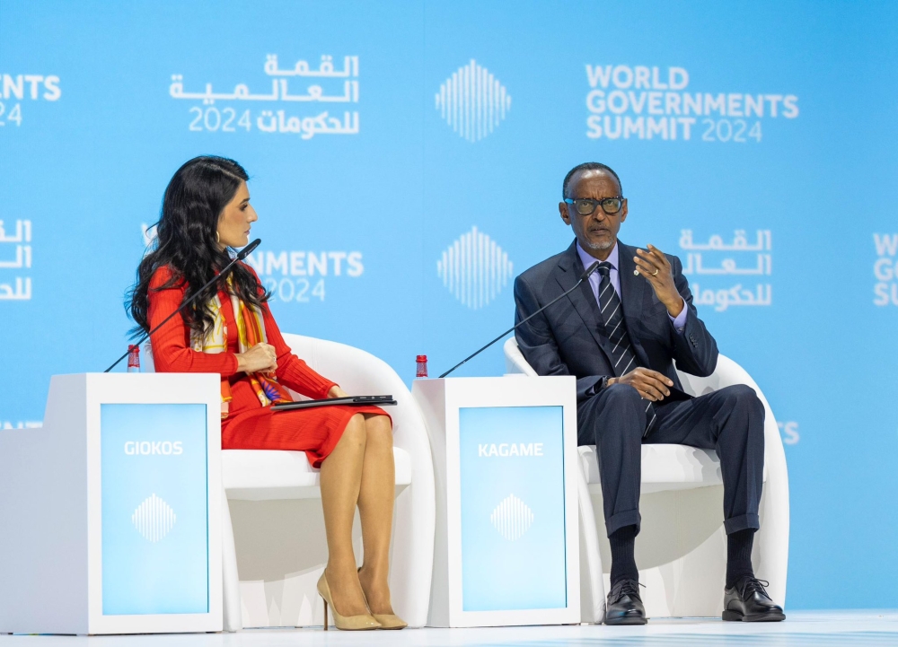 President Paul Kagame responds to a question from Eleni Giokos (L), an anchor and correspondent for CNN, during a one-on-one conversation at the World Governments Summit in Dubai on Monday, February 12. PHOTO BY VILLAGE URUGWIRO