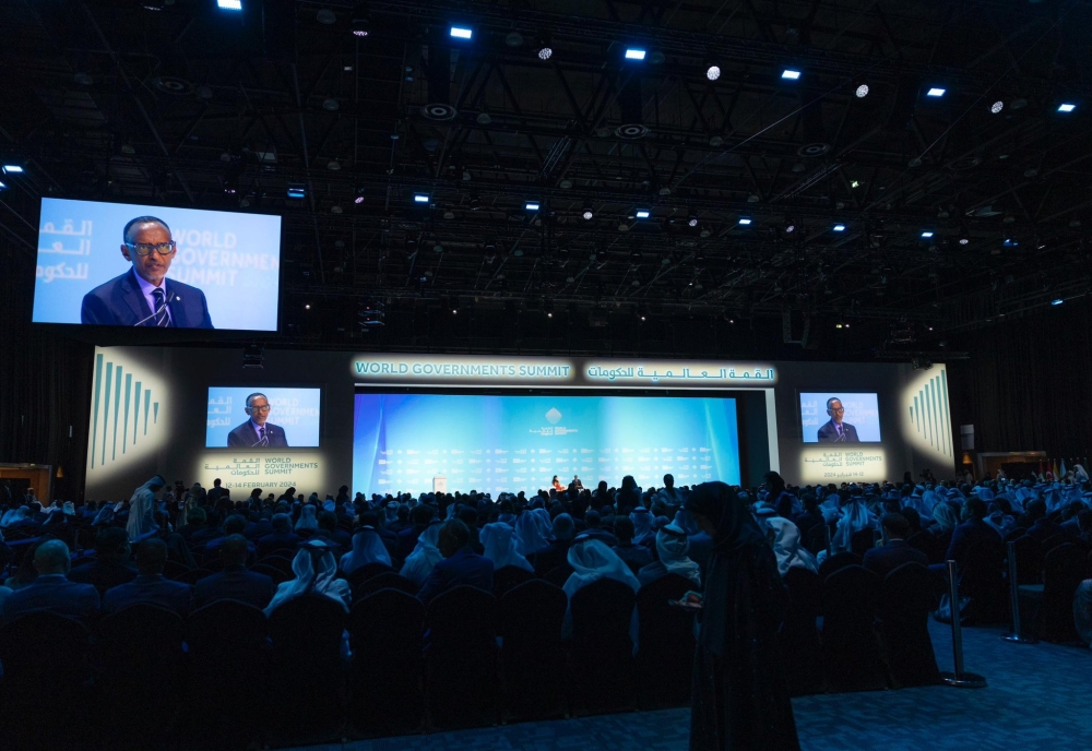 Delegates follow President Kagame&#039;s responses  during a one-on-one conversation at the World Governments Summit in Dubai on Monday, February 12. PHOTO BY VILLAGE URUGWIRO