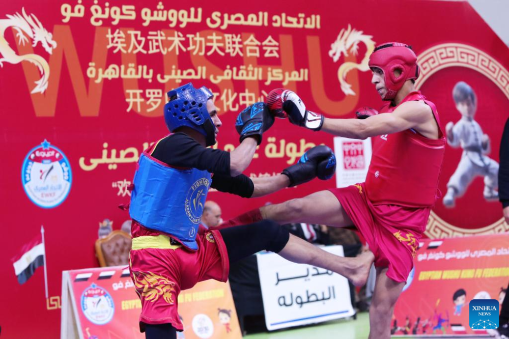 Egyptian athletes compete during the opening of the Chinese Spring Festival Wushu Championship in Cairo, Egypt, on Feb. 11, 2024. (Xinhua/Ahmed Gomaa)