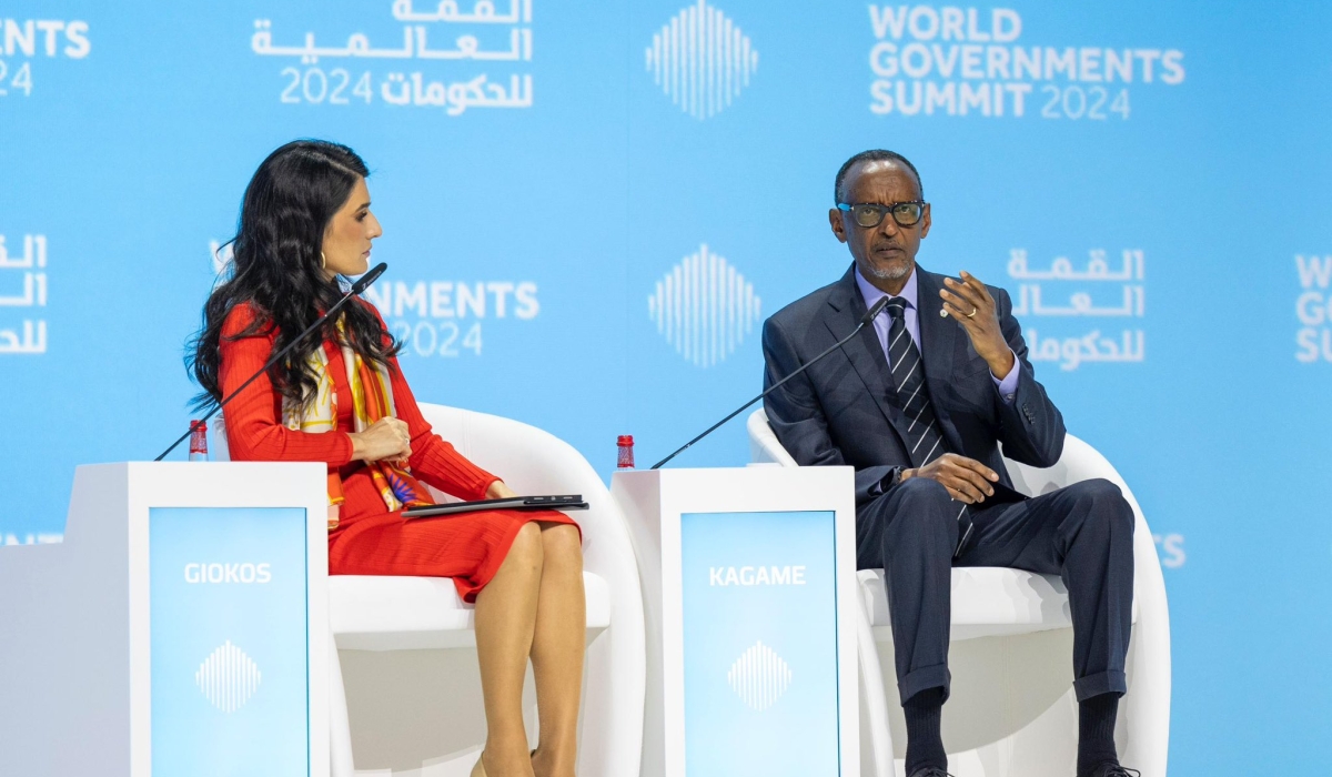 President Paul Kagame responds to a question from Eleni Giokos (L), an anchor and correspondent for CNN, during a one-on-one conversation at the World Governments Summit in Dubai on Monday, February 12. PHOTO BY VILLAGE URUGWIRO