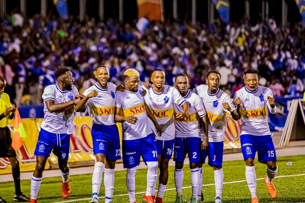 Rayon Sports players celebrate a 2-1 win against Police Fc at Kigali Pele Stadium on Saturday. Courtesy