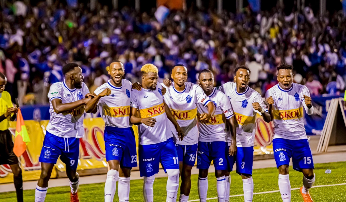 Rayon Sports players celebrate a 2-1 win against Police Fc at Kigali Pele Stadium on Saturday. Courtesy