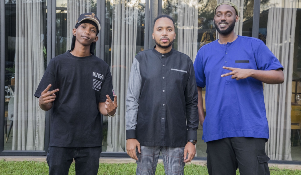 L-R Kivumbi King, Daddy Caspary, Atelier du Vin&#039;s  establishment manager and Mike Kayihura during an interview with The New Times. Photo by Craish Bahizi.