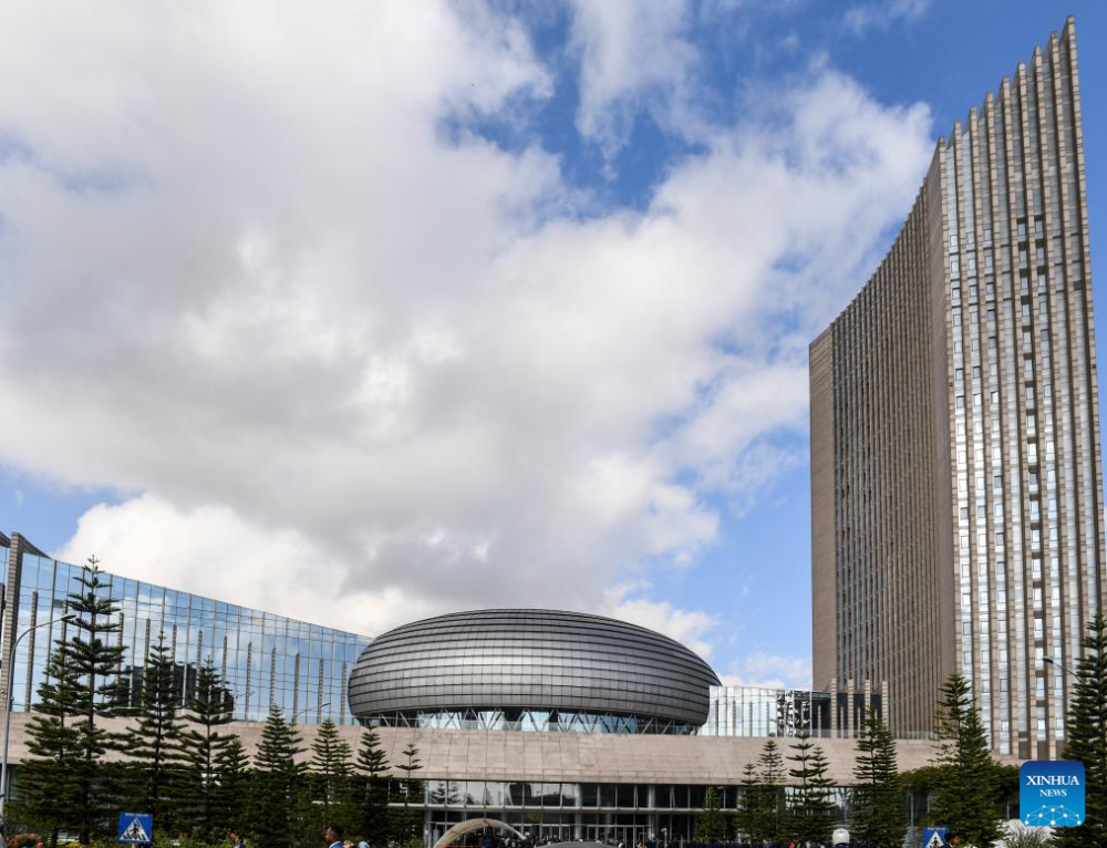 This photo taken on Feb. 17, 2024 shows an exterior view of the African Union (AU) headquarters in Addis Ababa, Ethiopia. The 37th Ordinary Session of the AU Assembly of the Heads of State and Government opened on Saturday at the AU headquarters in Addis Ababa, the capital of Ethiopia. (Xinhua/Li Yahui)
