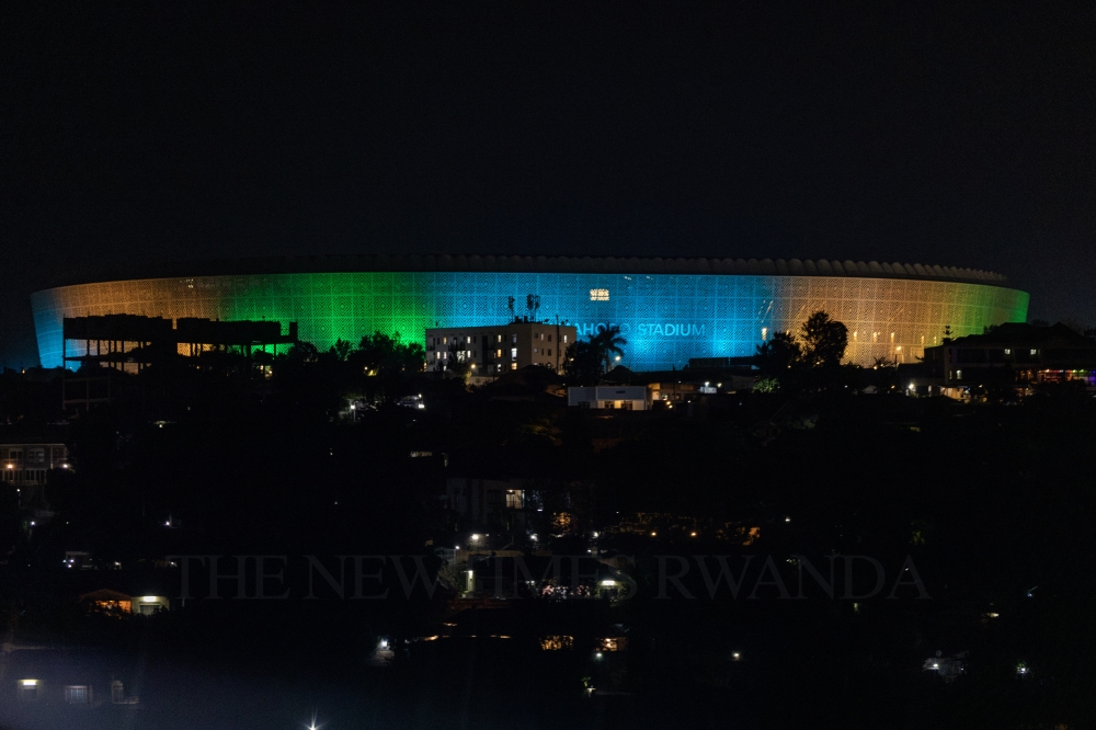 A night view of Amahoro Stadium lights up in national colours on Monday, February 19, 2024. The project to upgrade it to a modern 45,000-seat facility is expected to be completed in May. Photo by Christianne Murengerantwari for The New Times.