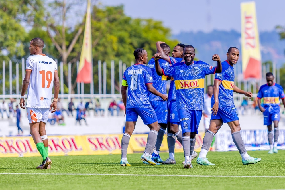 Rayon Sports players celebrate after scoring their 3-1 win over Vision FC in the second leg of Peace Cup quarterfinals on Tuesday, February 20