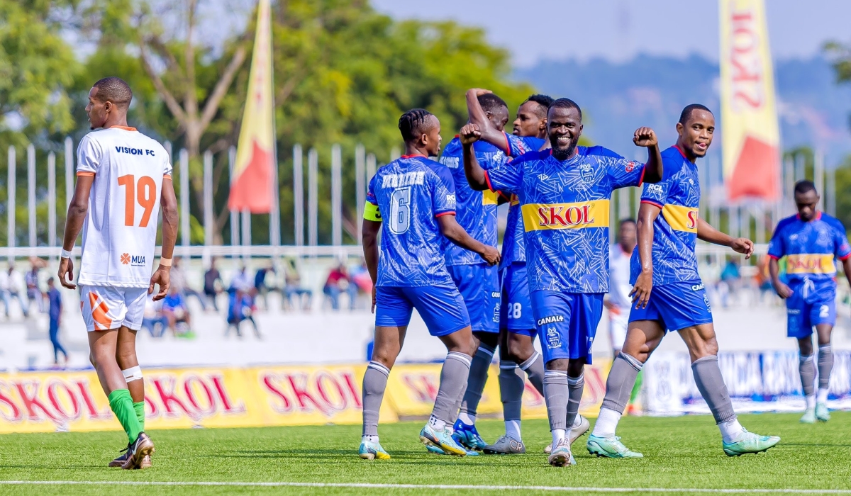 Rayon Sports players celebrate after scoring their 3-1 win over Vision FC in the second leg of Peace Cup quarterfinals on Tuesday, February 20