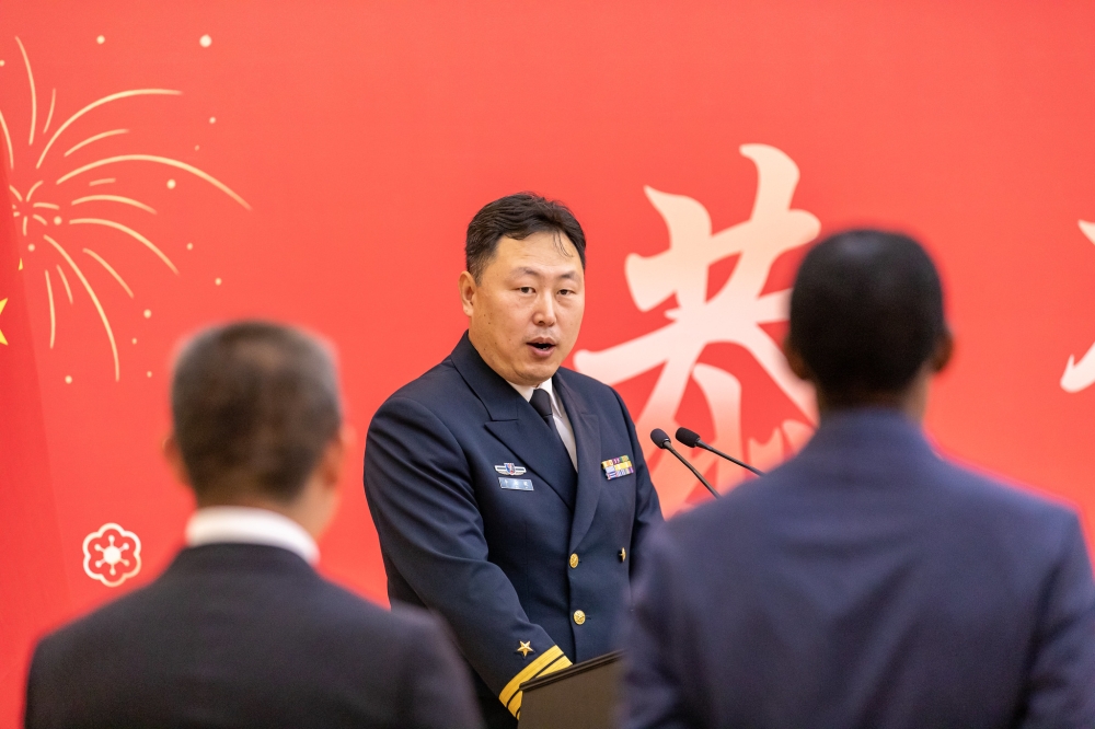 Li Dayi, the first-ever Chinese Defence Attaché accredited to Rwanda, speaking during the reception hosted by the Chinese Embassy in Rwanda on February 20.Photos by Dan Gatsinzi