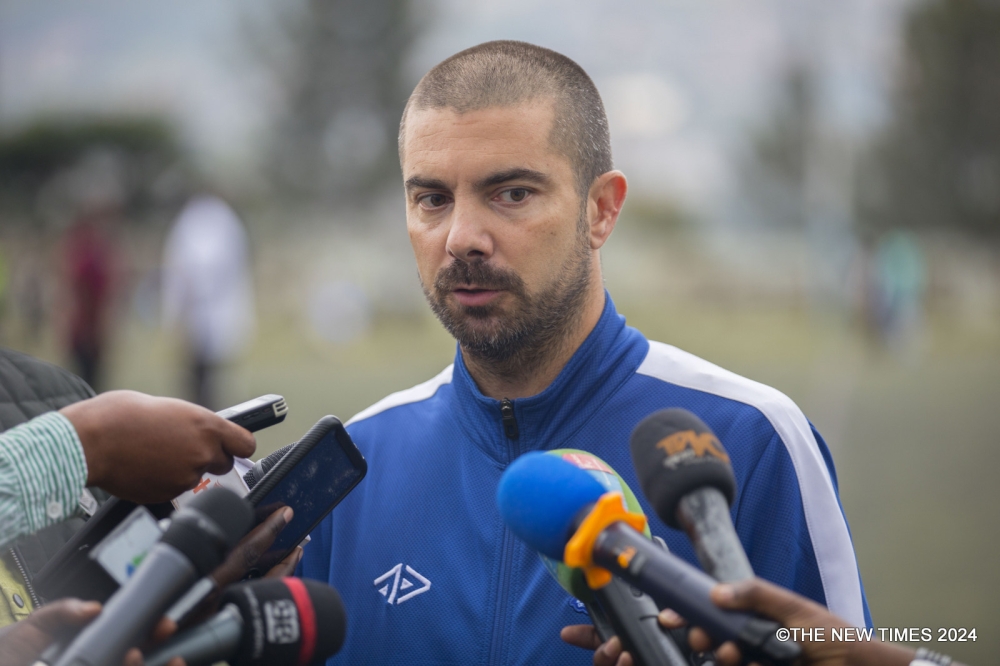 Rayon Sports&#039; head coach Julien Mette addresses media during the interview at Kigali Pele stadium on February 15 .Photo By Craish Bahizi