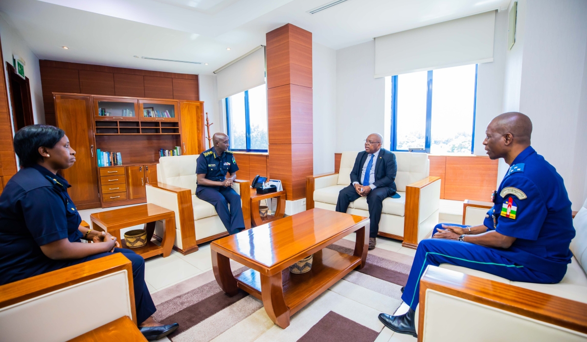 Rwanda’s Deputy Inspector General of Police in charge of Administration and Personnel, Jeanne Chantal Ujeneza, and Inspector General of Police (both on the left), Felix Namuhoranye, receive CAR’s Minister of Interior and Public Security, Michel Nicaise Nassin, and its Director General of the National Gendarmerie, Landry Ulrich Depot (both on the right), as the latter pay a courtesy to IGP Namuhoranye at Rwanda National Police headquarters in Kacyiru, Kigali, on February 22, 2024, (Courtesy). 