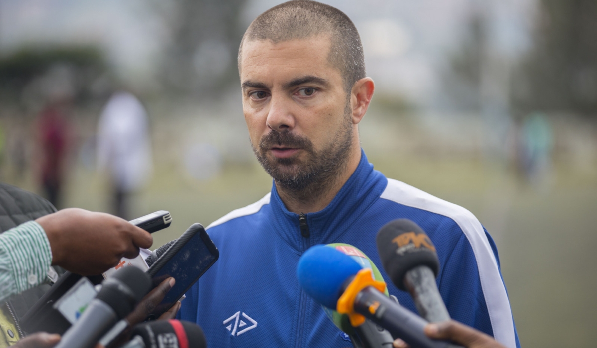 Rayon Sports&#039; head coach Julien Mette addresses media during the interview at Kigali Pele stadium on February 15 .Photo By Craish Bahizi