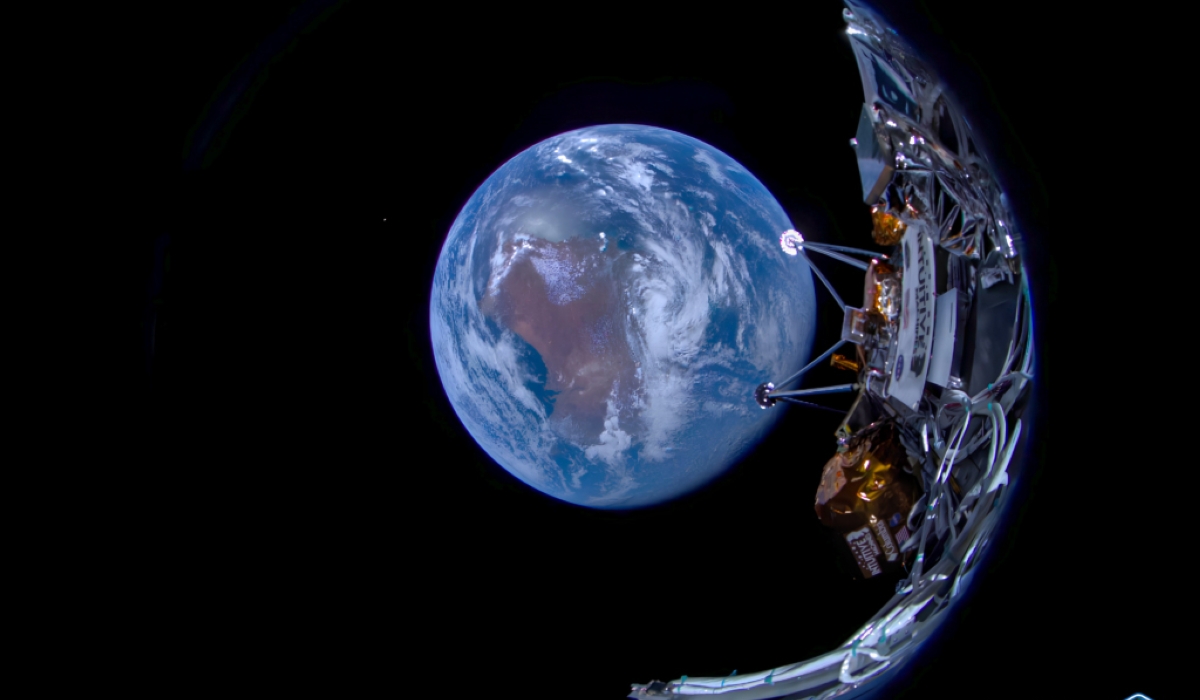 This image provided by Intuitive Machines shows its Odysseus lunar lander and the Earth on Feb. 16, 2024. U.S. company Intuitive Machines&#039; first lunar lander touched down on the moon on Feb. 22, 2024, marking the first American spacecraft to land on the lunar surface in more than 50 years. (Intuitive Machines/Handout via Xinhua)