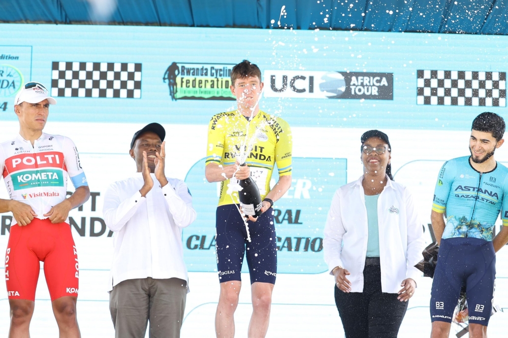 Israel Premier Tech star rider Joseph Blackmore sprays the champagne after his Tour du Rwanda 2024 glory in Kigali on Sunday, February 25-courtesy
