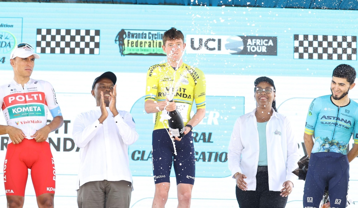 Israel Premier Tech star rider Joseph Blackmore sprays the champagne after his Tour du Rwanda 2024 glory in Kigali on Sunday, February 25-courtesy