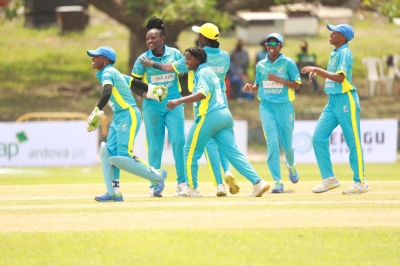 Rwanda women celebrate their victory over best-ranked Tanzania during the opening match of the Nigeria Invitational Women T20 tournament on Sunday-courtesy