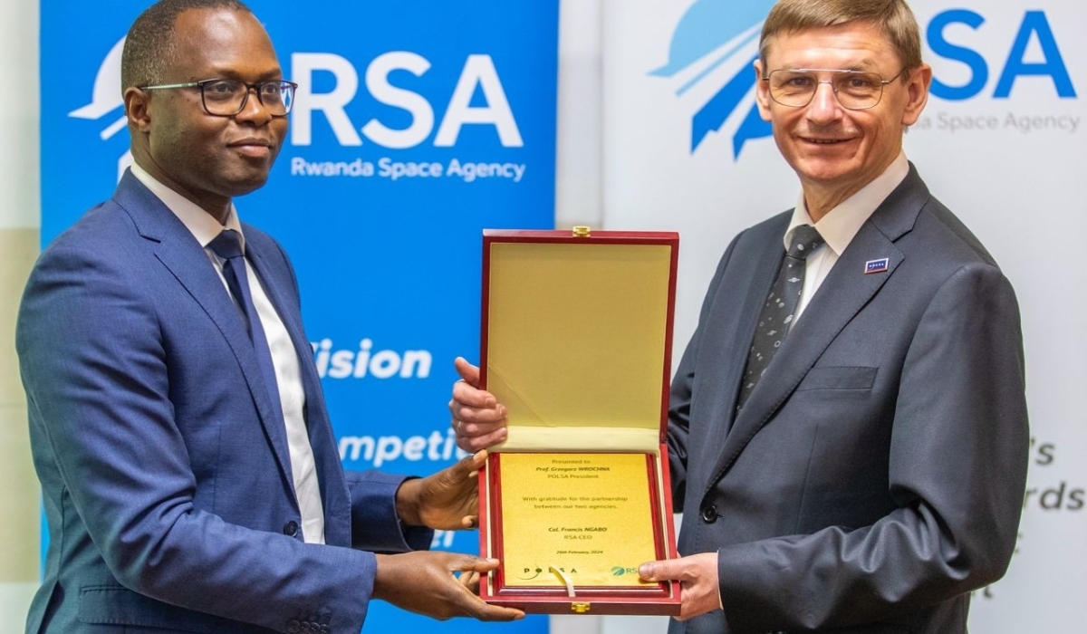 Col Francis Ngabo, CEO of Rwanda Space Agency (RSA) and Grzegorz Wrochna, President of POLSA at the signing of MoU that seeks to advance and explore bilateral collaboration opportunities in space technology. Photo Courtesy 