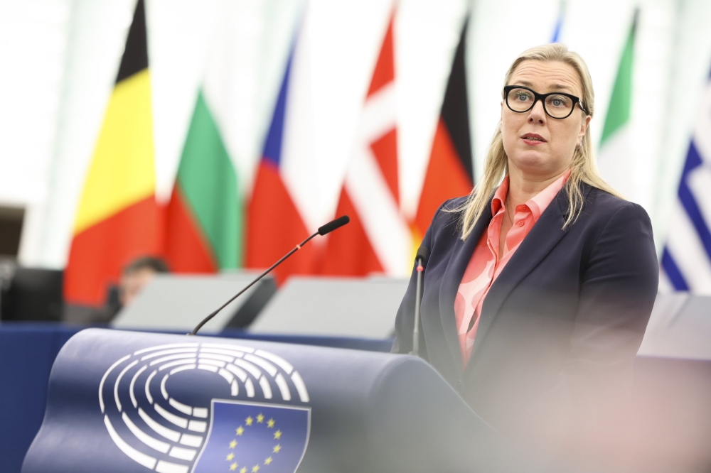 EU Commissioner for International Partnerships Jutta Urpilainen speaks during a debate about insecurity in eastern DR Congo at the EU parliament on Tuesday, February 27