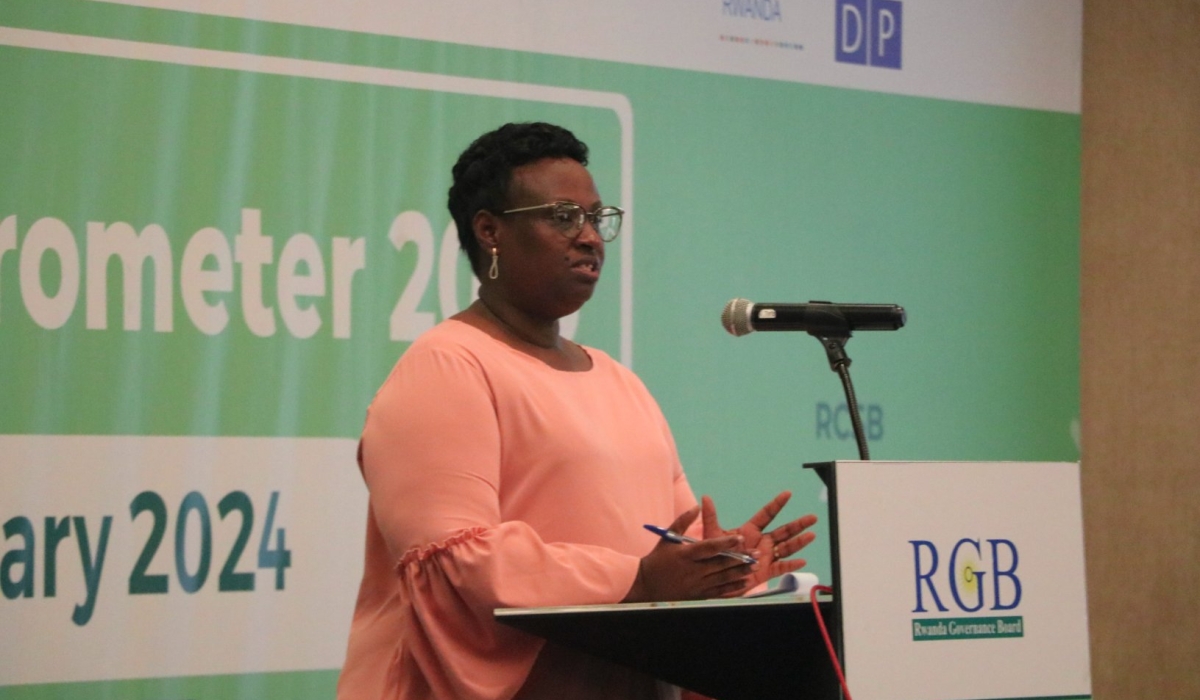RGB chief executive Usta Kaitesi delivers remarks during the dissemination of the Rwanda Civil Society Barometer 2023, in Kigali on Wednesday, February 29