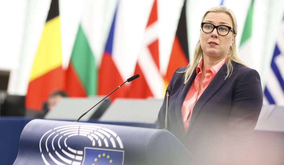 EU Commissioner for International Partnerships Jutta Urpilainen speaks during a debate about insecurity in eastern DR Congo at the EU parliament on Tuesday, February 27