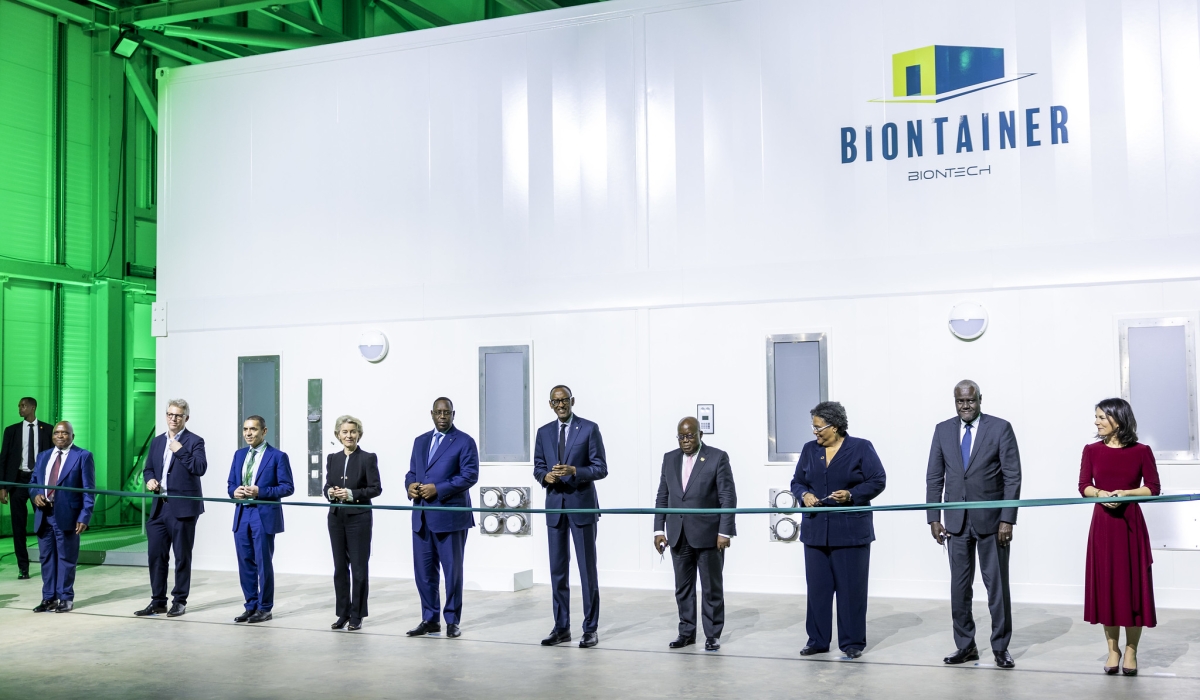 Kagame with other dignitaries during the launch of Africa&#039;s first mRNA technology vaccine manufacturing plant – BioNTech in Kigali. OLIVIER MUGWIZA