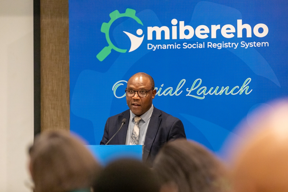 Minister of Local Government Jean Claude Musabyimana addresses delegates during the official launch of  Imibereho Social Registry System in Kigali on thursday, February 29. Photos by Dan Gatsinzi