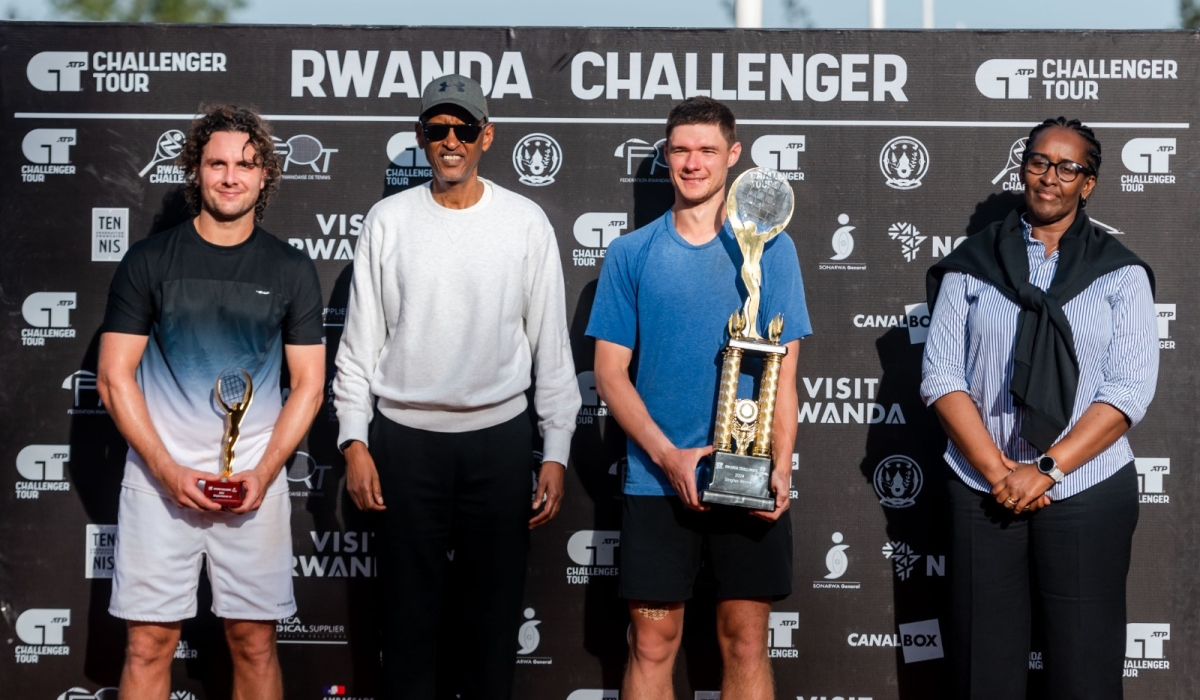 President Paul Kagame and First Lady Jeannette Kagame join Rwanda Challenger 50 Tour week 1 champion Kamil Majchrzak and finalist Marco Trungelliti for a group photo. The Pole won the final in two sets 6-4, 6-4. courtesy