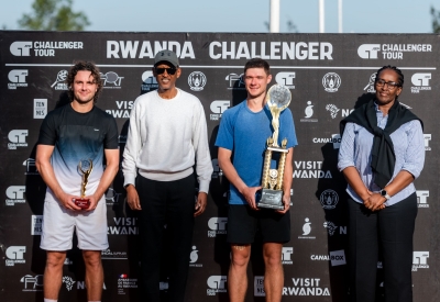 President Paul Kagame and First Lady Jeannette Kagame join Rwanda Challenger 50 Tour week 1 champion Kamil Majchrzak and finalist Marco Trungelliti for a group photo. The Pole won the final in two sets 6-4, 6-4. courtesy